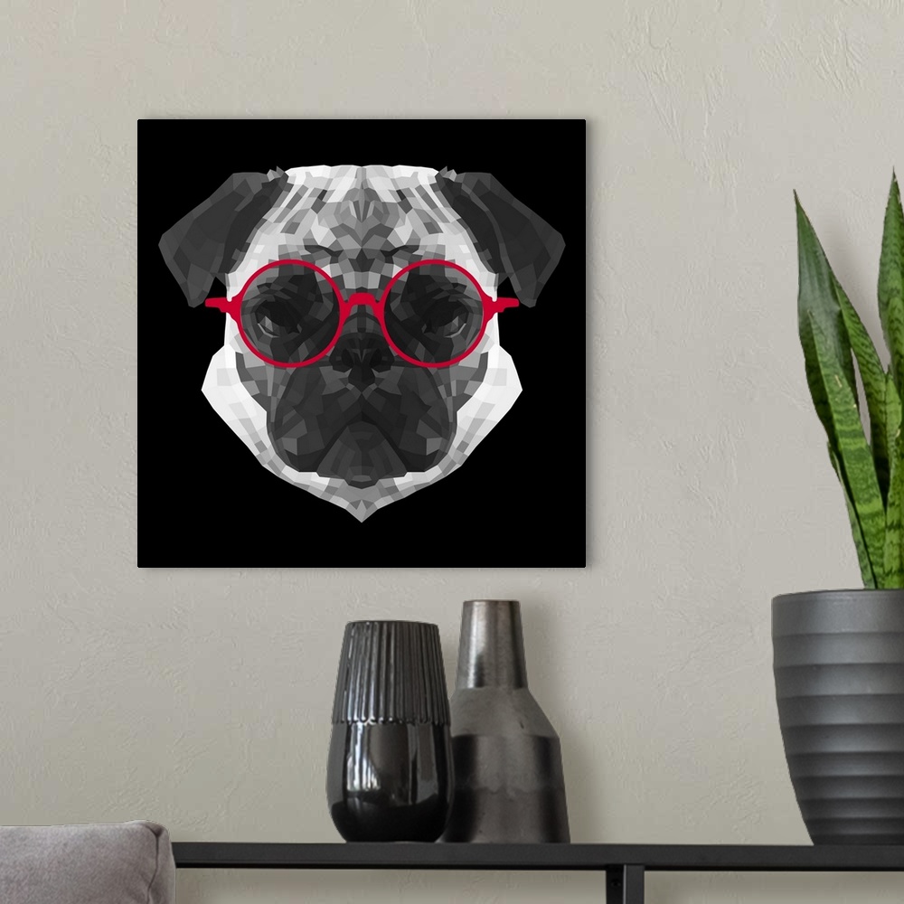 A modern room featuring Pug head wearing sunglasses made up of a polygon mesh.