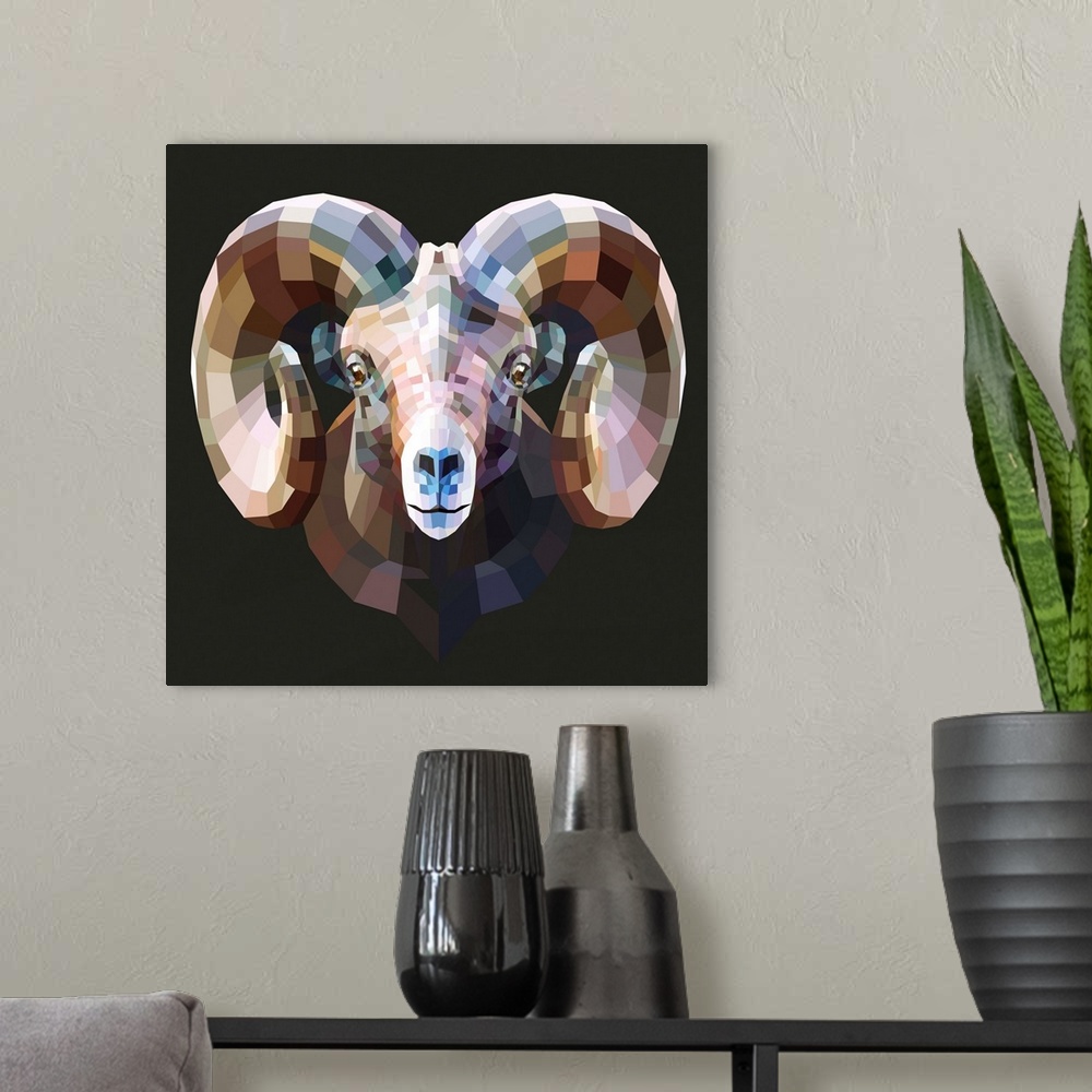 A modern room featuring Contemporary artwork of a polygon mesh ram portrait.