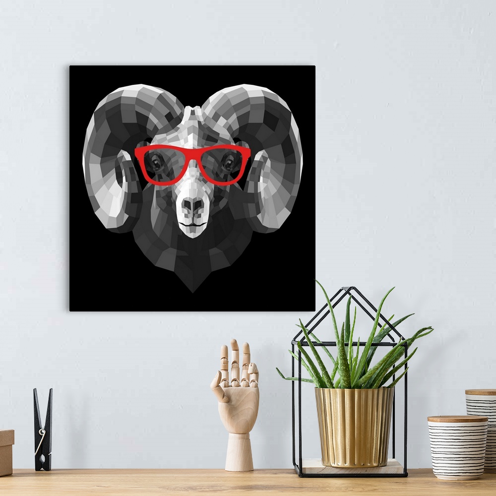 A bohemian room featuring Ram head wearing sunglasses made up of a polygon mesh.