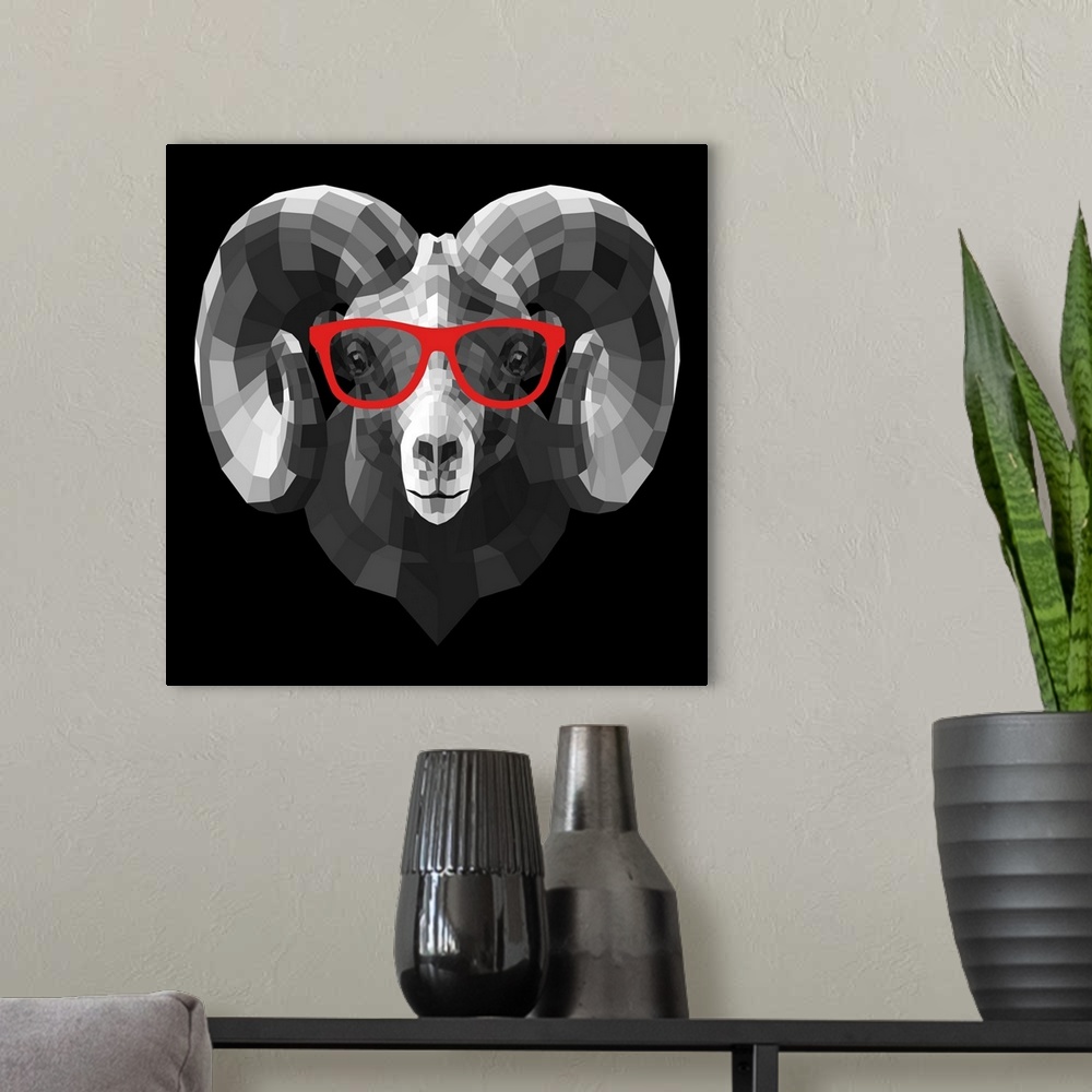 A modern room featuring Ram head wearing sunglasses made up of a polygon mesh.