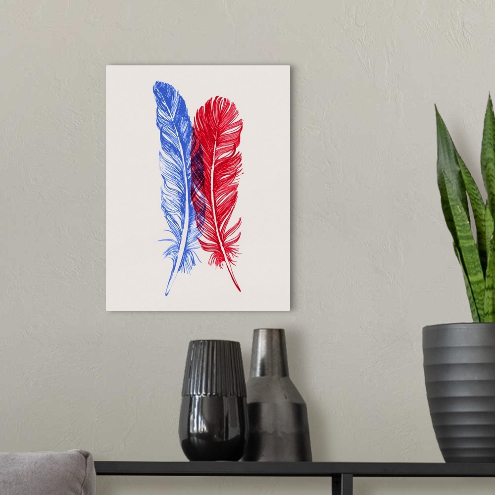 A modern room featuring Red and Blue Feathers I