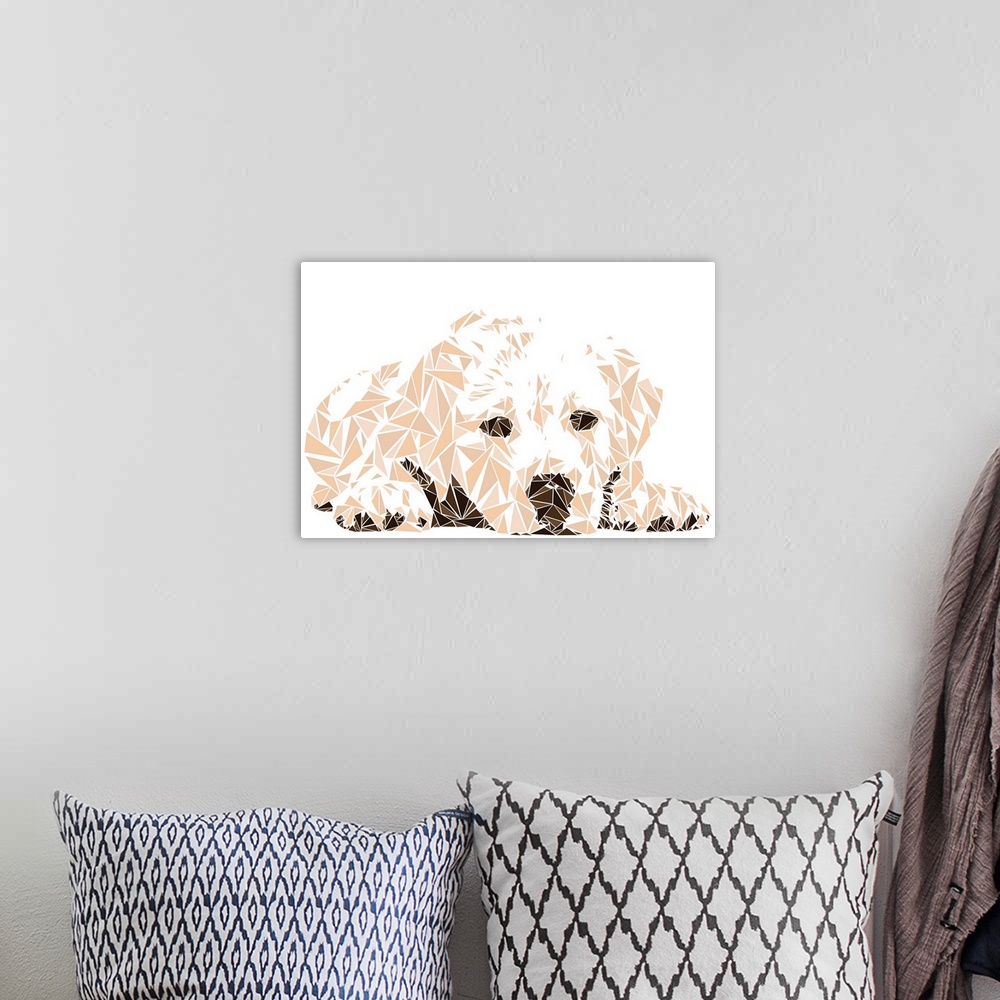 A bohemian room featuring A labrador puppy made up of triangular geometric shapes.