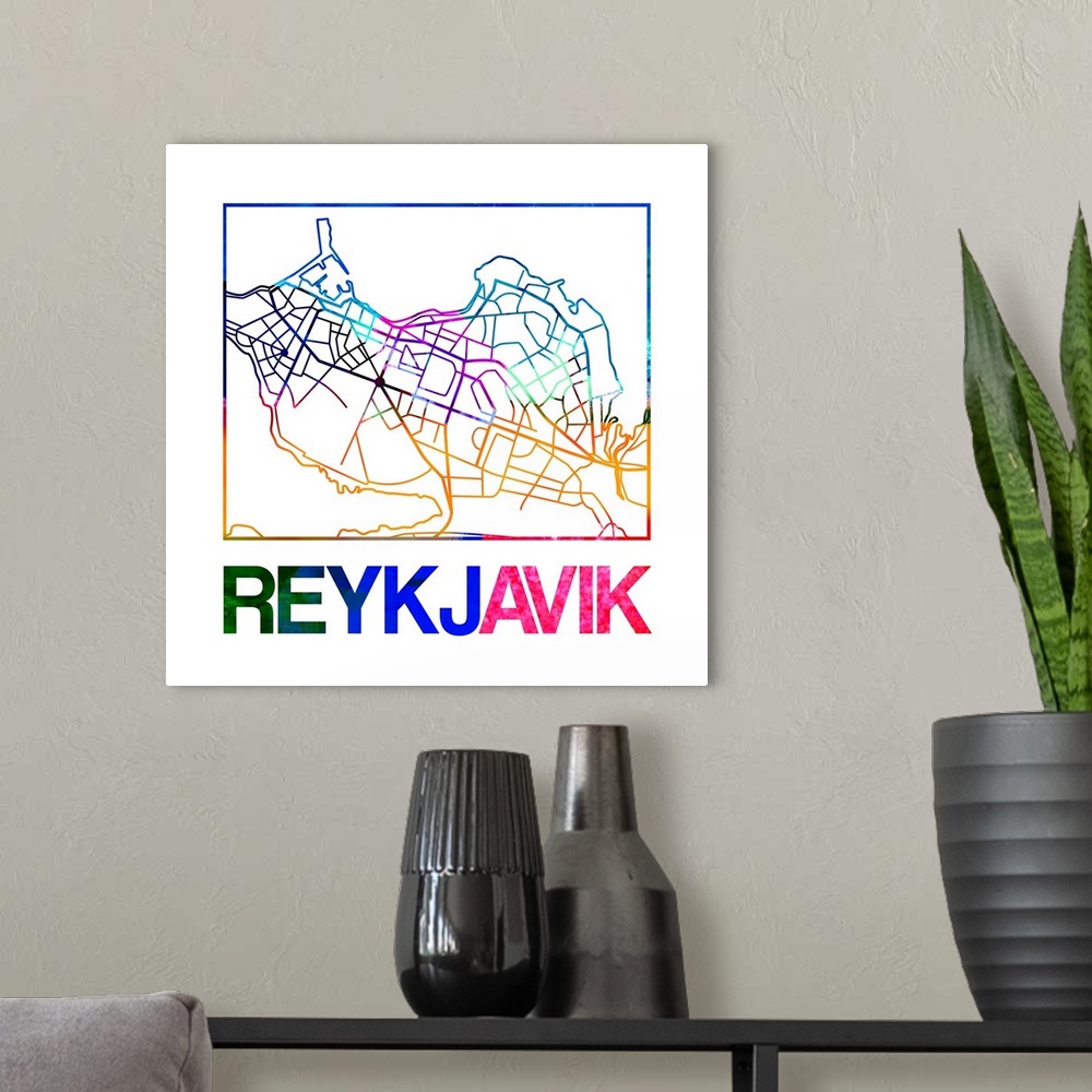 A modern room featuring Colorful map of the streets of Reykjavik, Iceland.