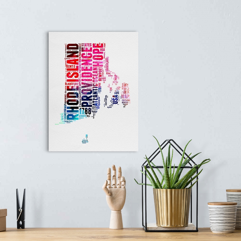 A bohemian room featuring Watercolor typography art map of the US state Rhode Island.