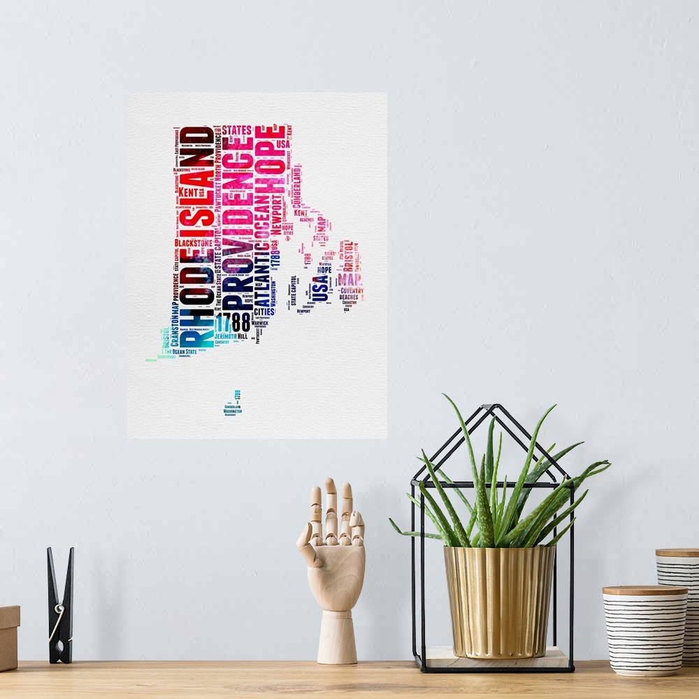 A bohemian room featuring Watercolor typography art map of the US state Rhode Island.