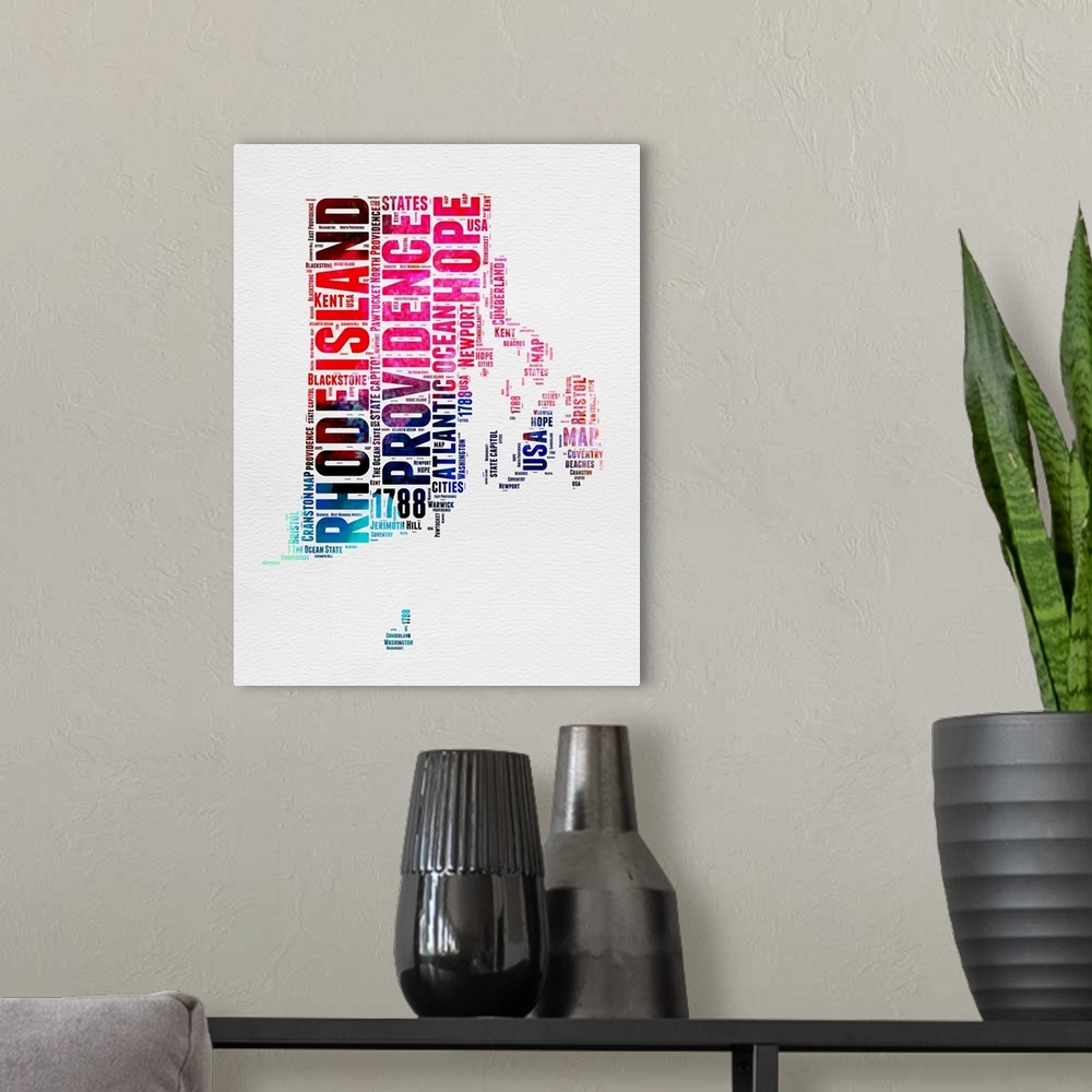 A modern room featuring Watercolor typography art map of the US state Rhode Island.