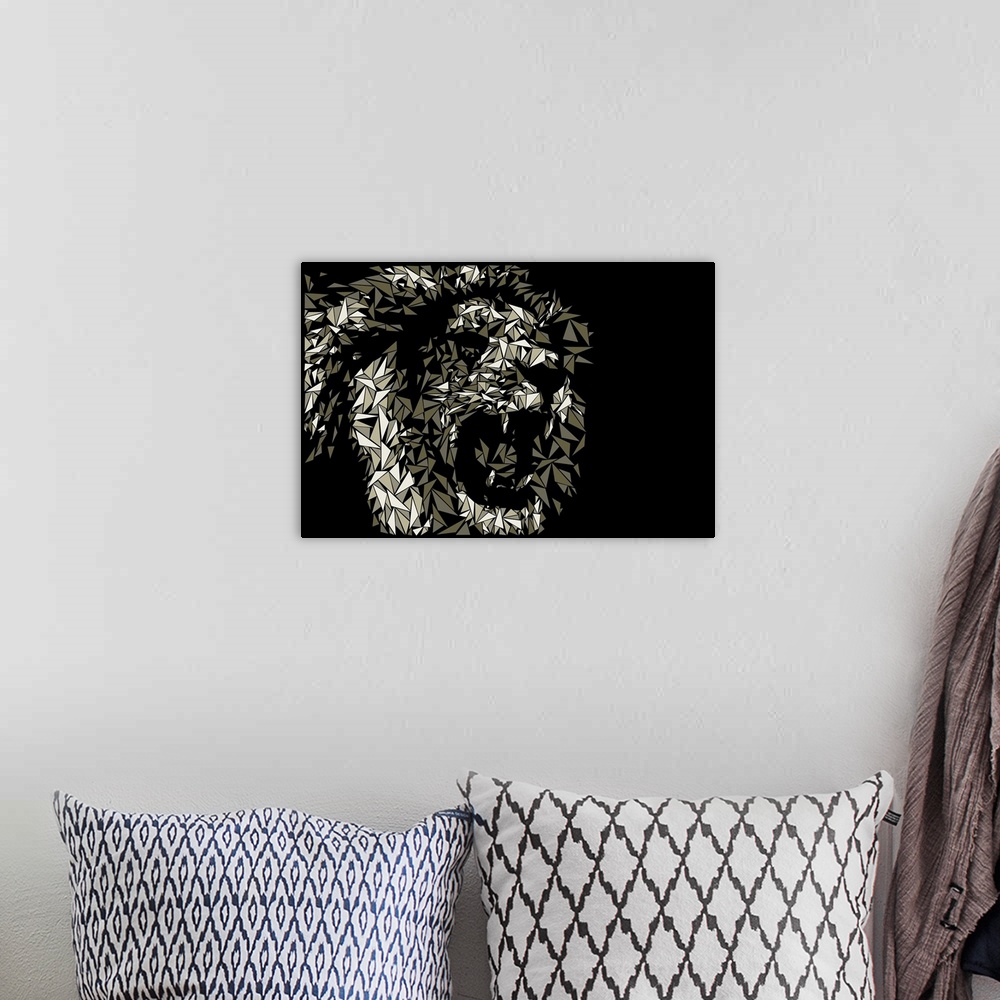 A bohemian room featuring A lion with bared teeth made up of triangular geometric shapes.