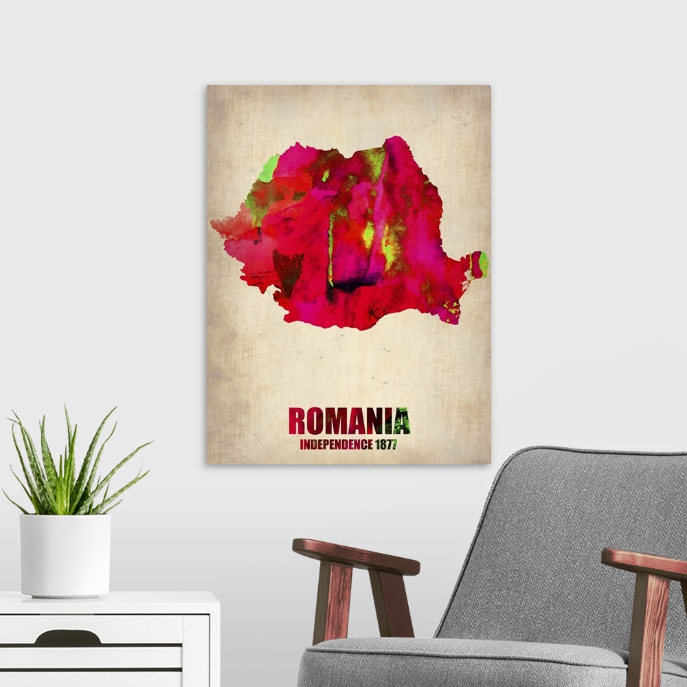 A modern room featuring Romania Watercolor Map