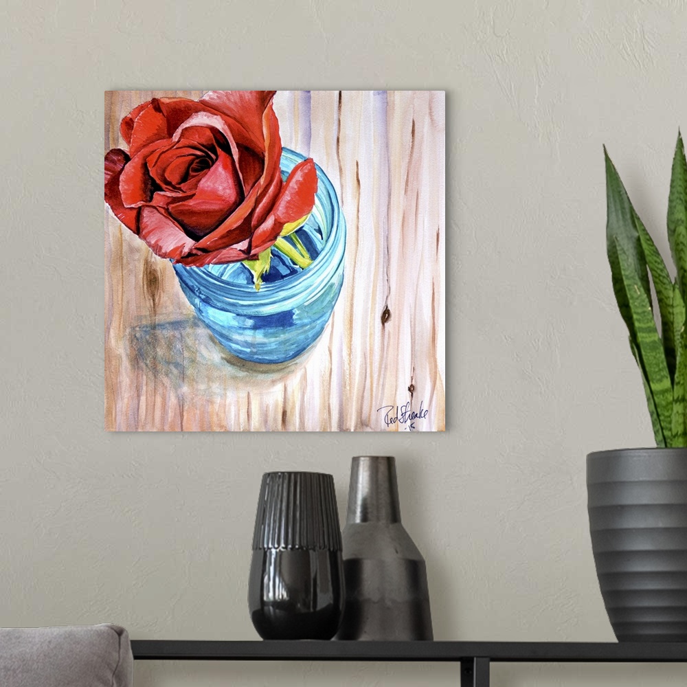 A modern room featuring Contemporary painting of a rose sitting in a glass jar.