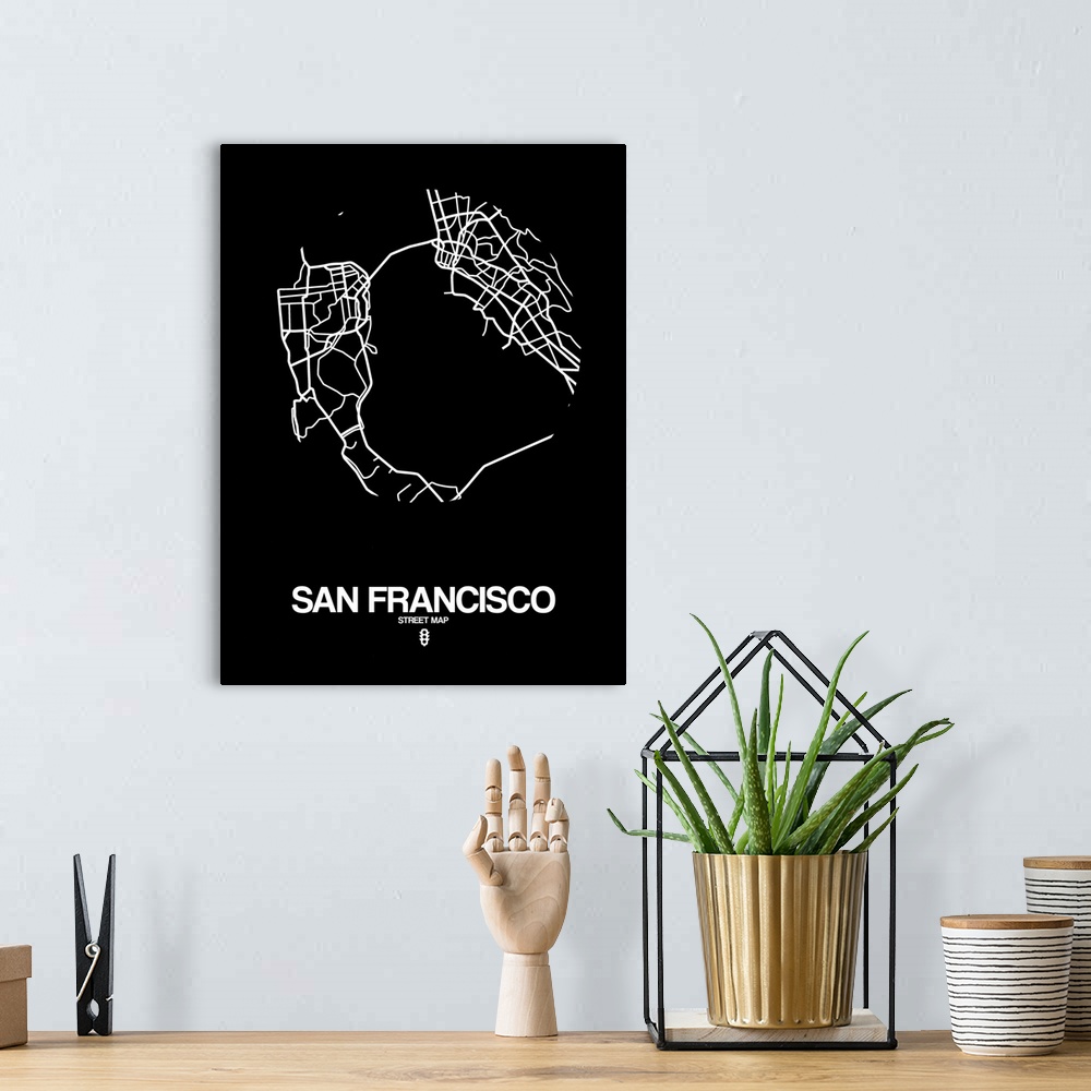 A bohemian room featuring Minimalist art map of the city streets of San Francisco in black and white.