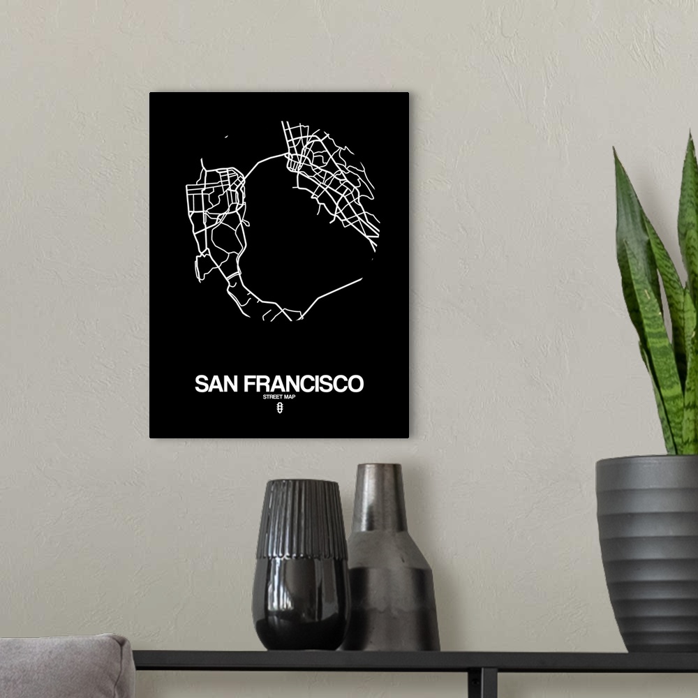 A modern room featuring Minimalist art map of the city streets of San Francisco in black and white.