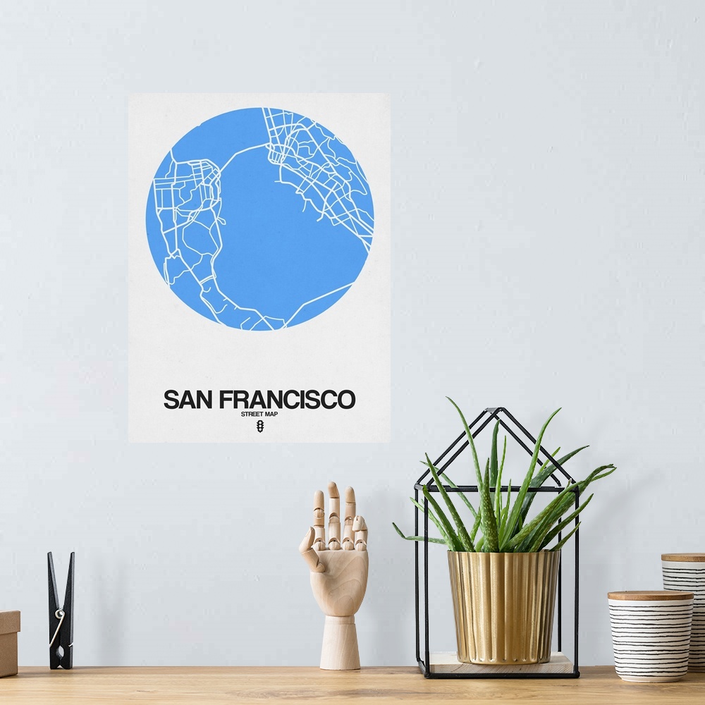A bohemian room featuring Minimalist art map of the city streets of San Francisco in white and blue.