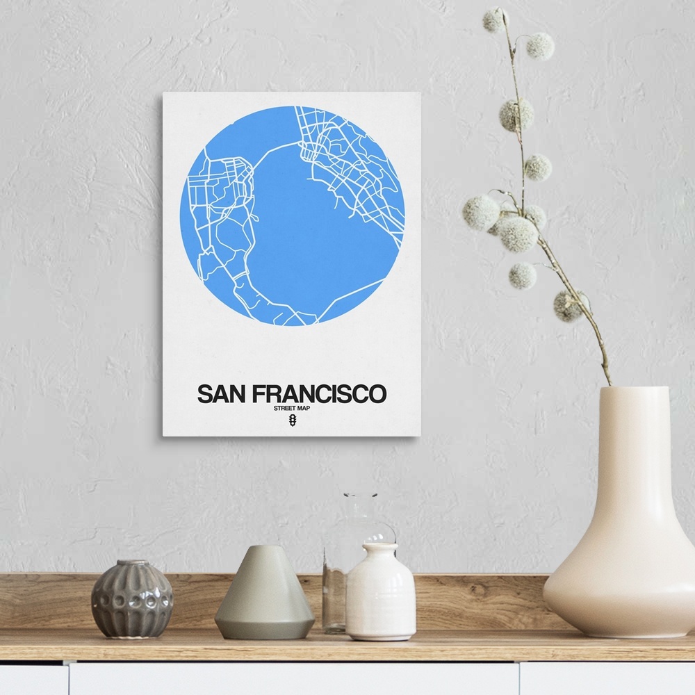 A farmhouse room featuring Minimalist art map of the city streets of San Francisco in white and blue.