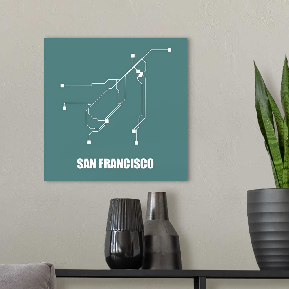 A modern room featuring San Francisco Teal Subway Map