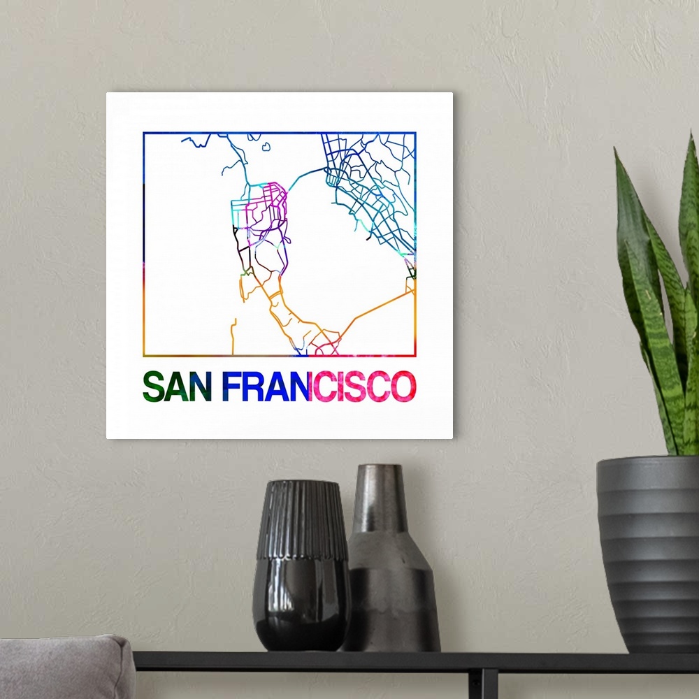 A modern room featuring Colorful map of the streets of San Francisco, California.