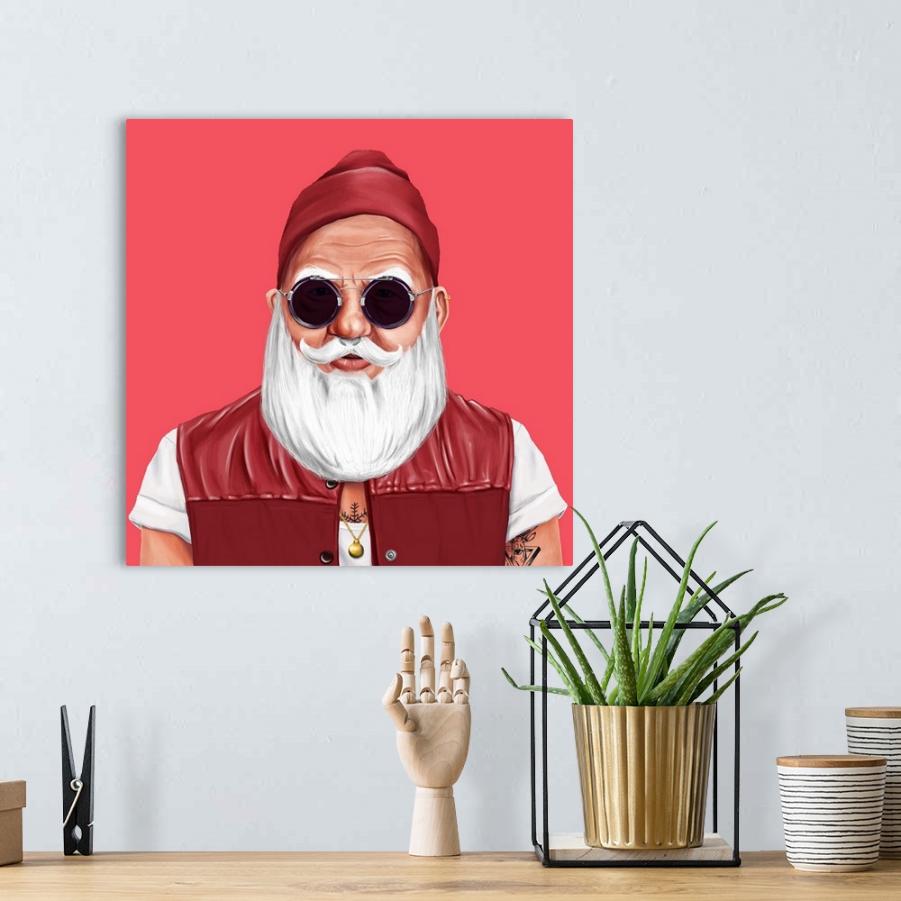 A bohemian room featuring Santa Claus dressed as a hipster, with beanie, dark glasses, and a vest.