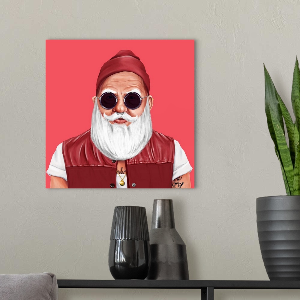 A modern room featuring Santa Claus dressed as a hipster, with beanie, dark glasses, and a vest.
