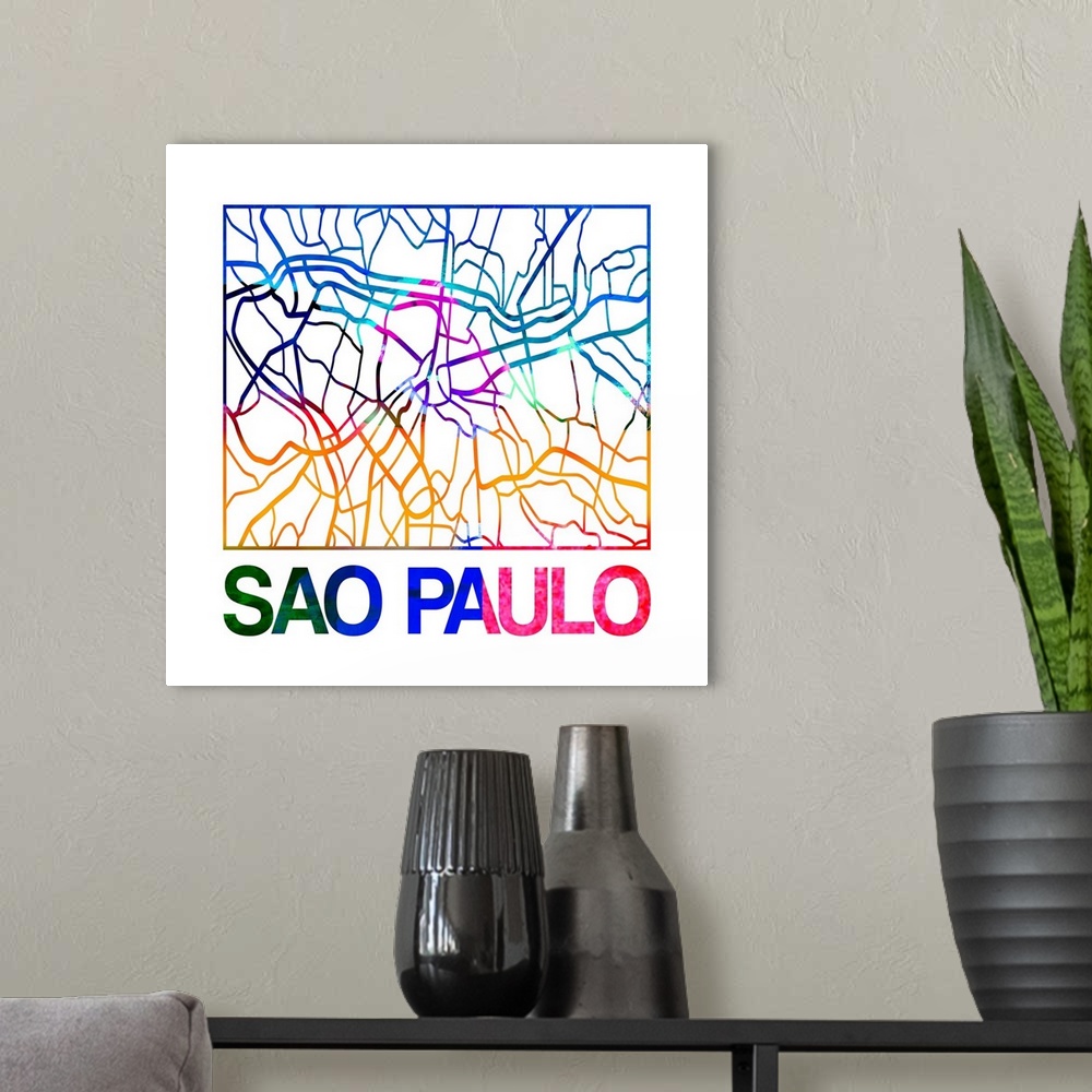 A modern room featuring Colorful map of the streets of Sao Paulo, Brazil.