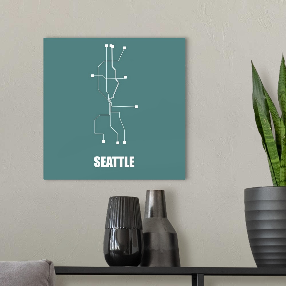 A modern room featuring Seattle Teal Subway Map