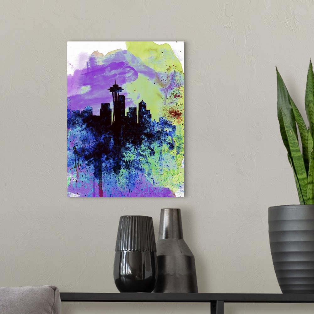 A modern room featuring Seattle Watercolor Skyline I