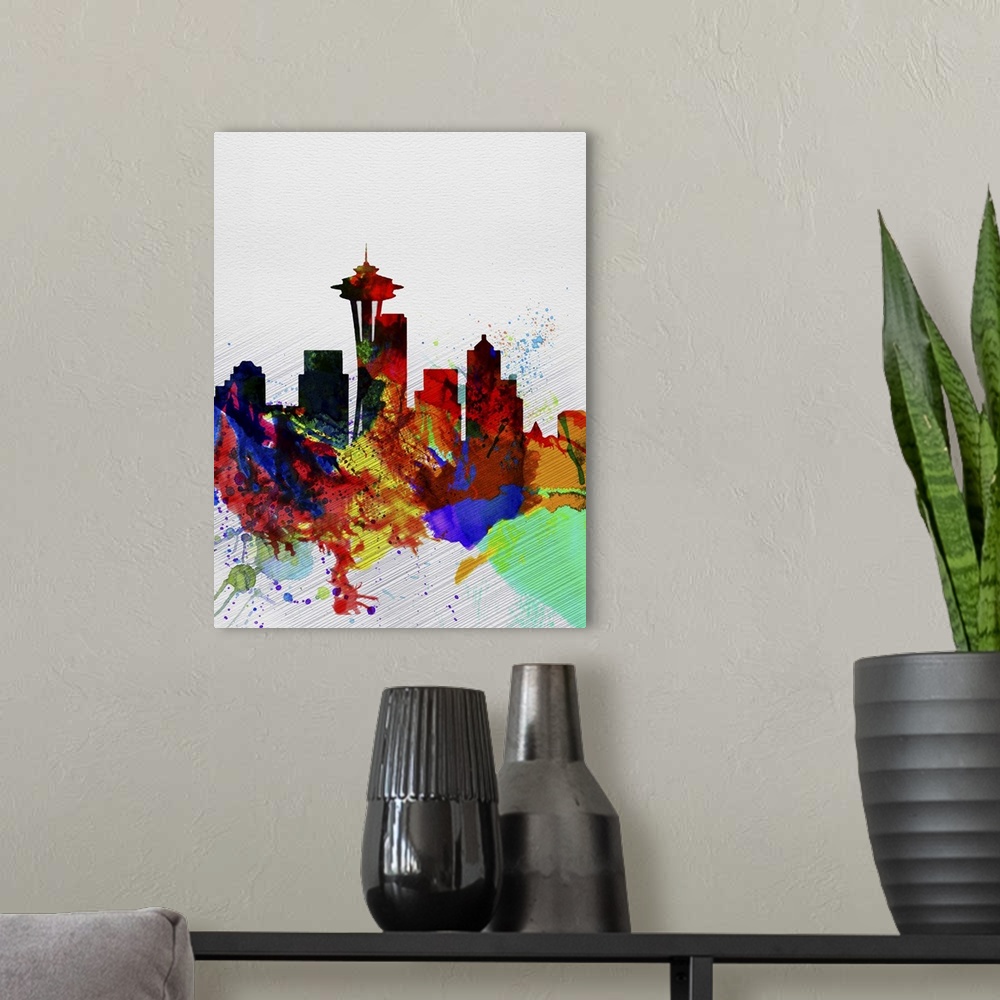 A modern room featuring Seattle Watercolor Skyline II