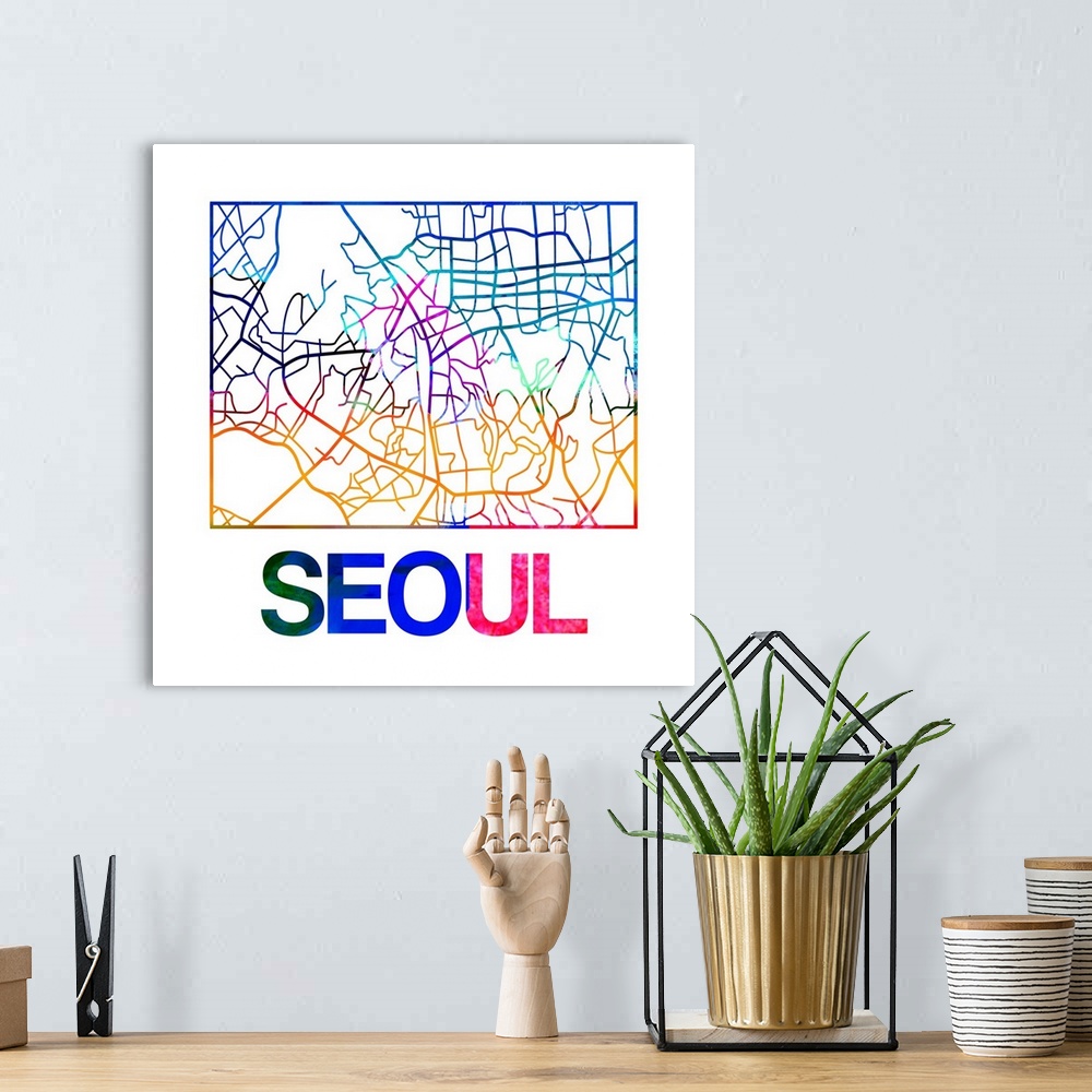 A bohemian room featuring Colorful map of the streets of Seoul, South Korea.