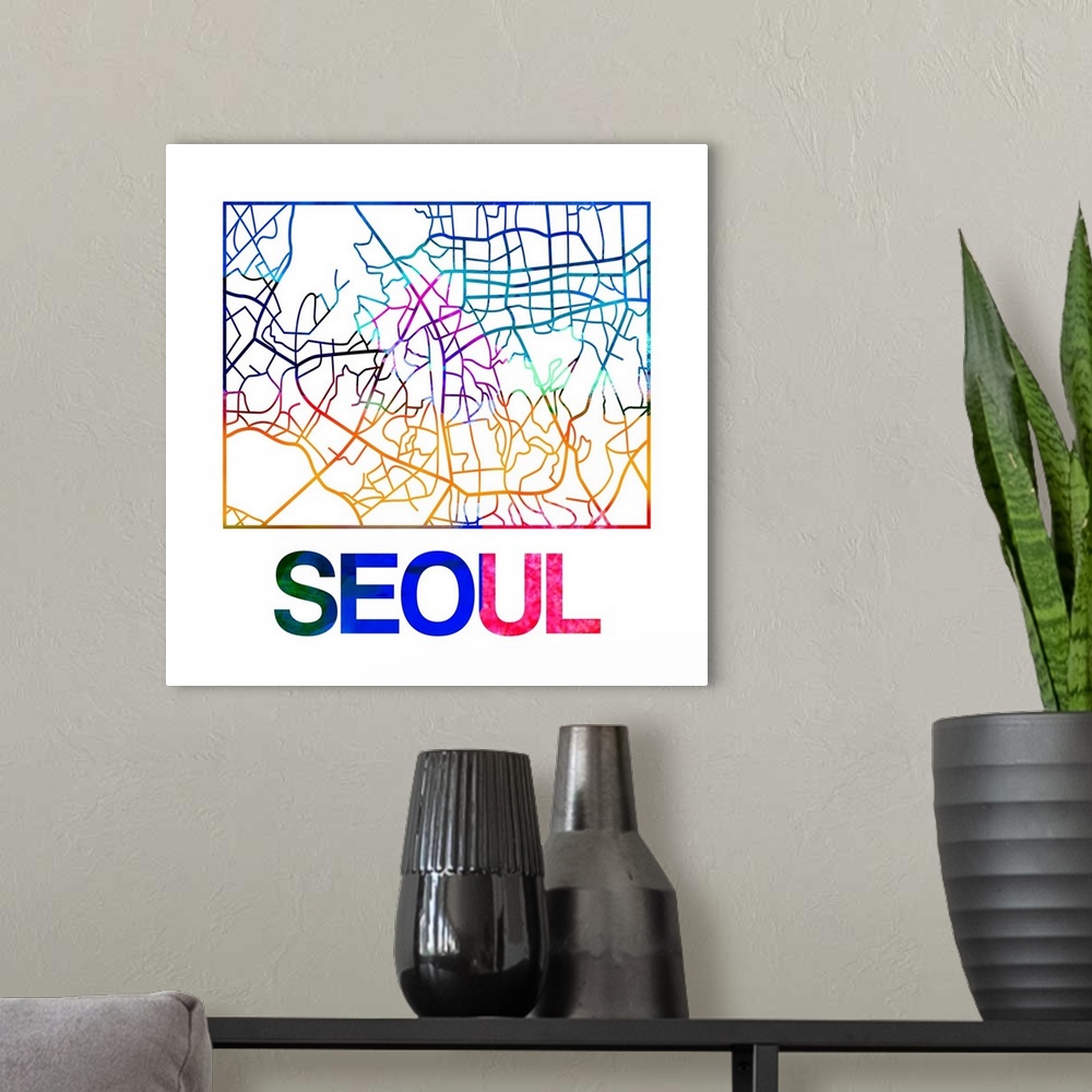 A modern room featuring Colorful map of the streets of Seoul, South Korea.