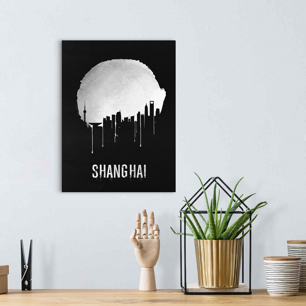 A bohemian room featuring Contemporary watercolor artwork of the Shanghai city skyline, in silhouette.