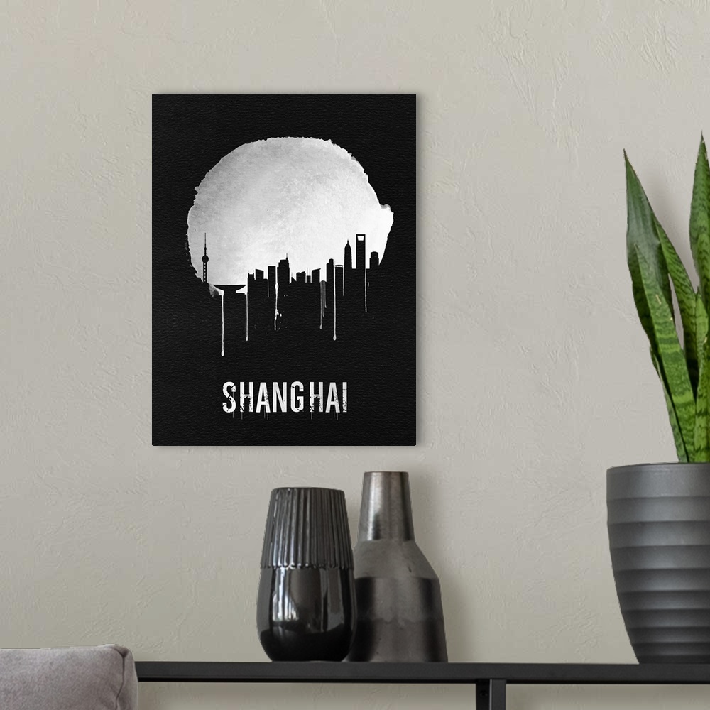 A modern room featuring Contemporary watercolor artwork of the Shanghai city skyline, in silhouette.