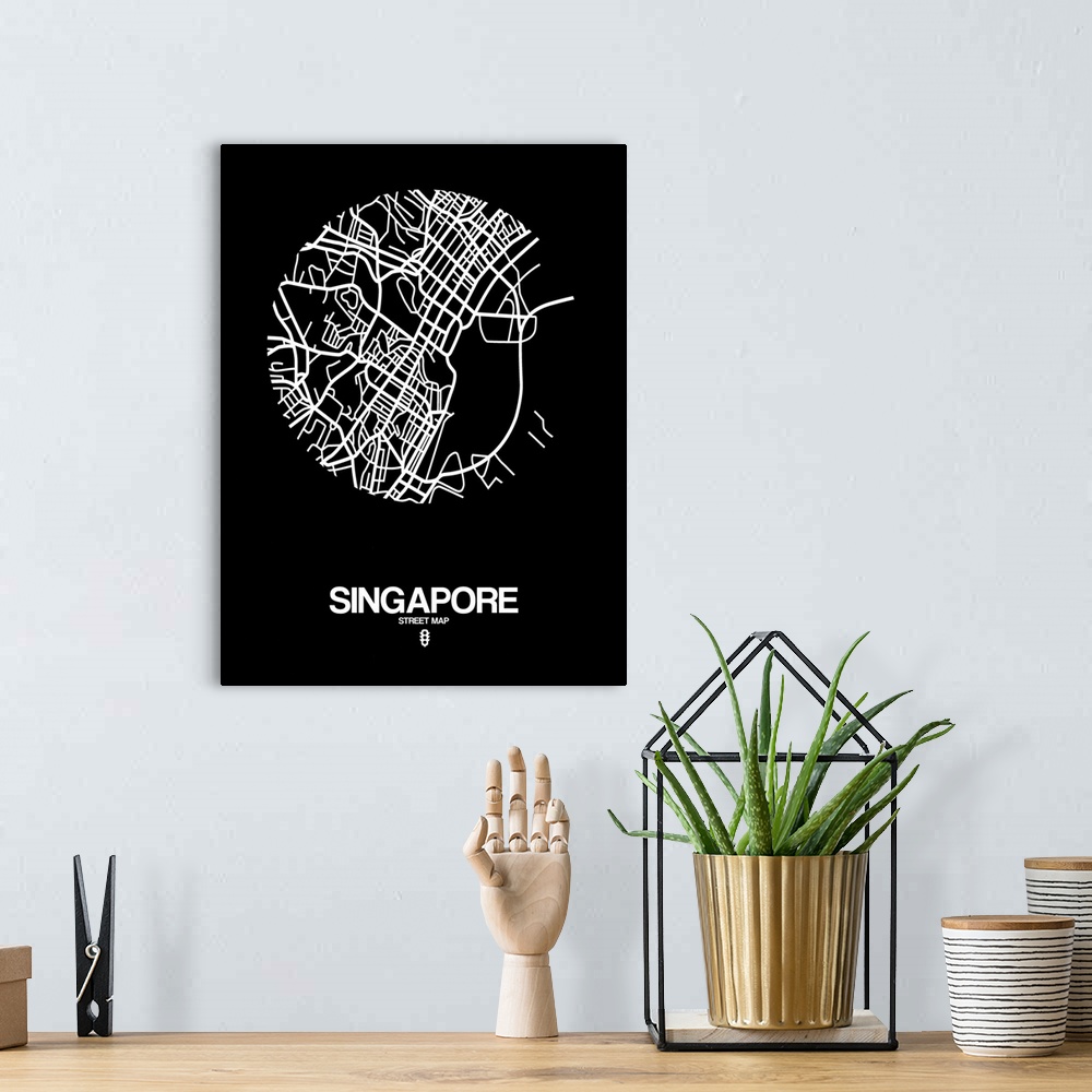 A bohemian room featuring Minimalist art map of the city streets of Singapore in black and white.