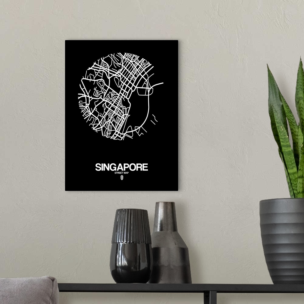 A modern room featuring Minimalist art map of the city streets of Singapore in black and white.