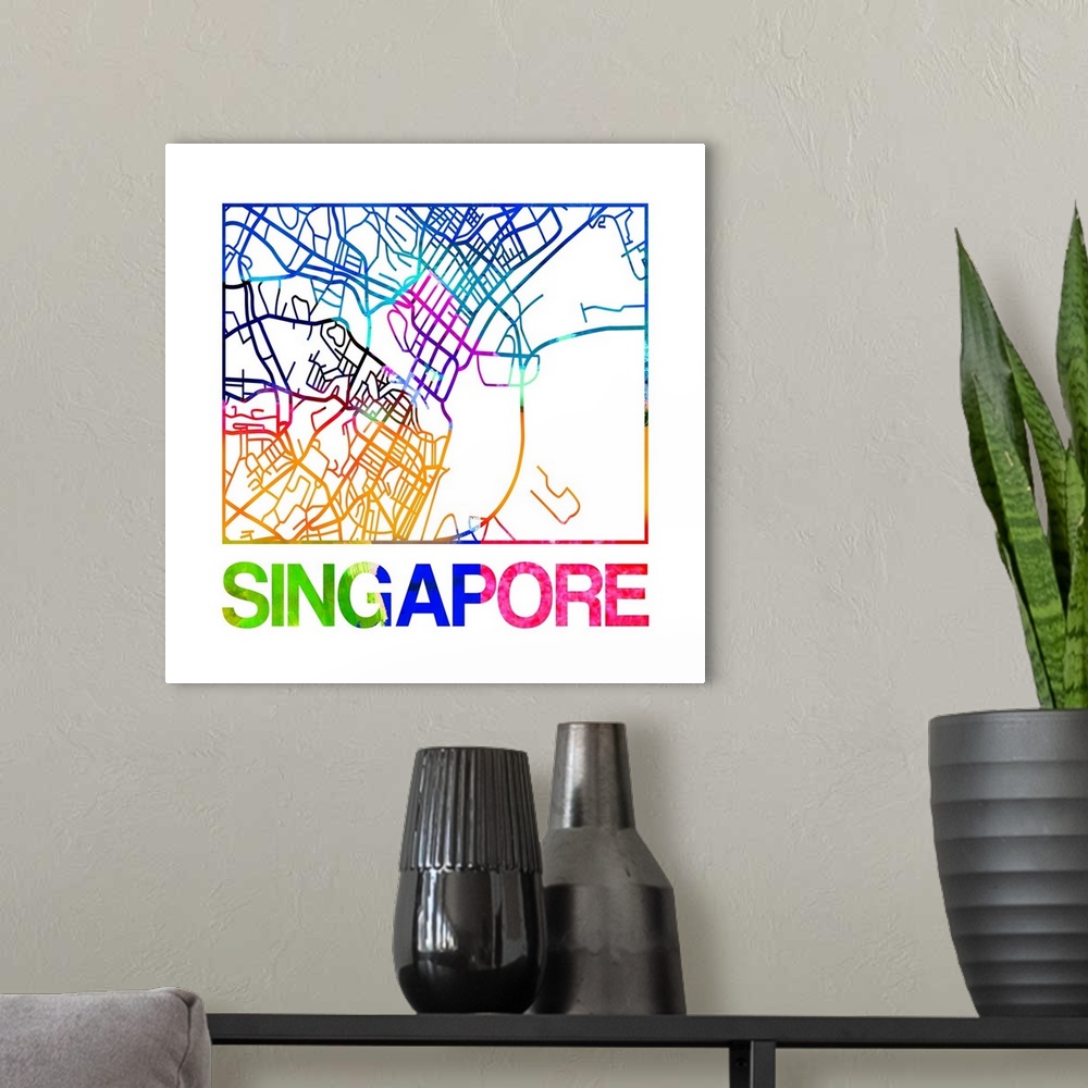 A modern room featuring Colorful map of the streets of Singapore.