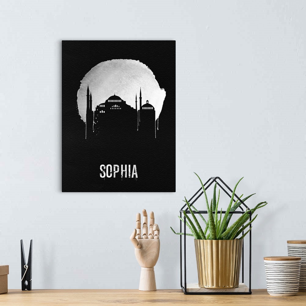 A bohemian room featuring Contemporary watercolor artwork of the Hagia Sophia of Istanbul, in silhouette.