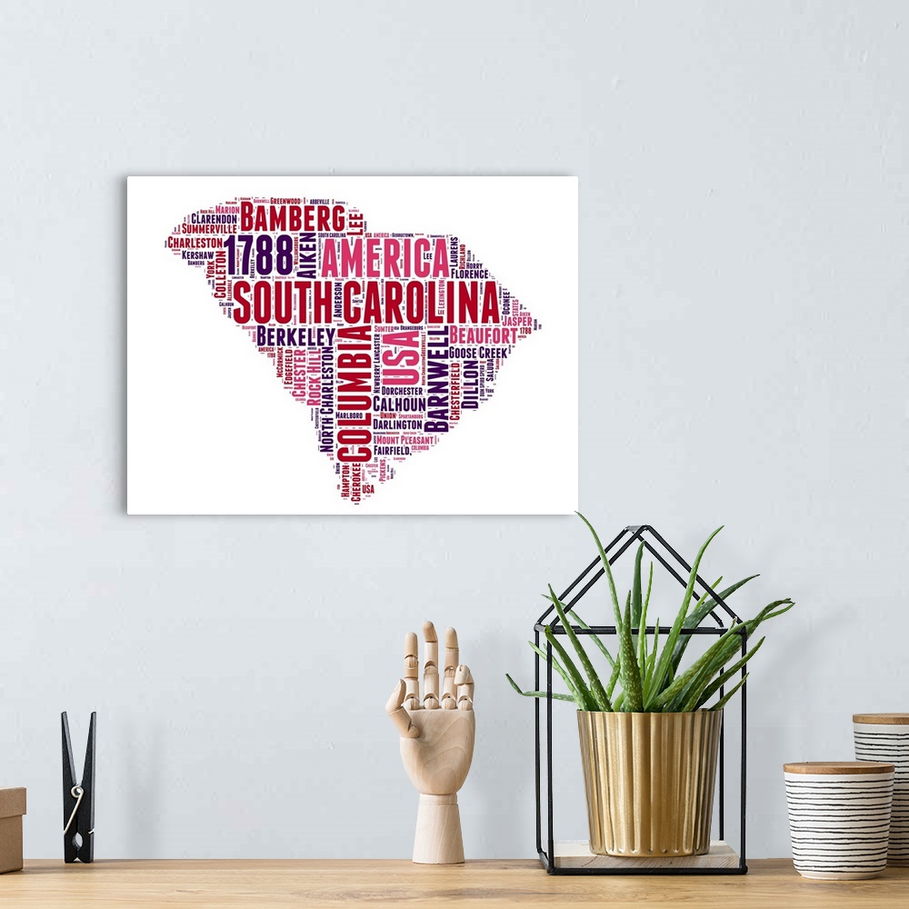 A bohemian room featuring Typography art map of the US state South Carolina.