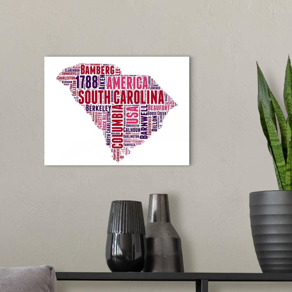 A modern room featuring Typography art map of the US state South Carolina.