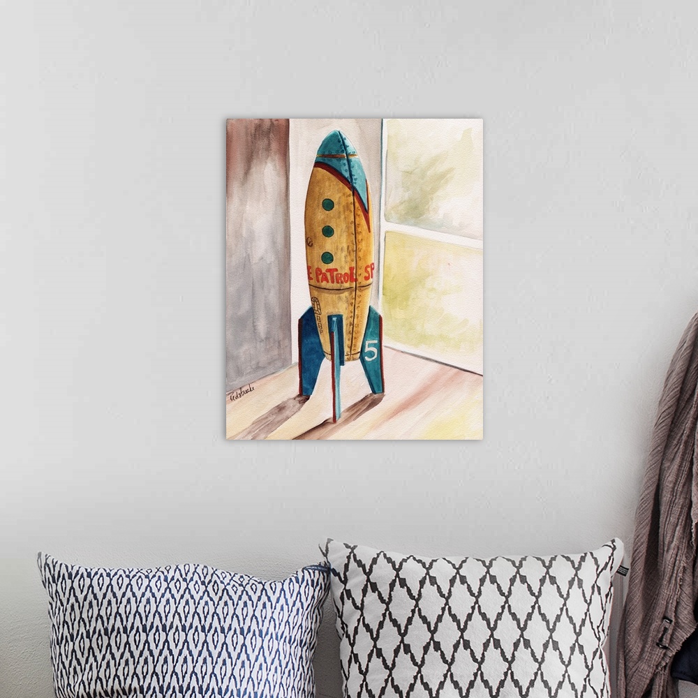 A bohemian room featuring A contemporary still-life painting of a standing space ship.