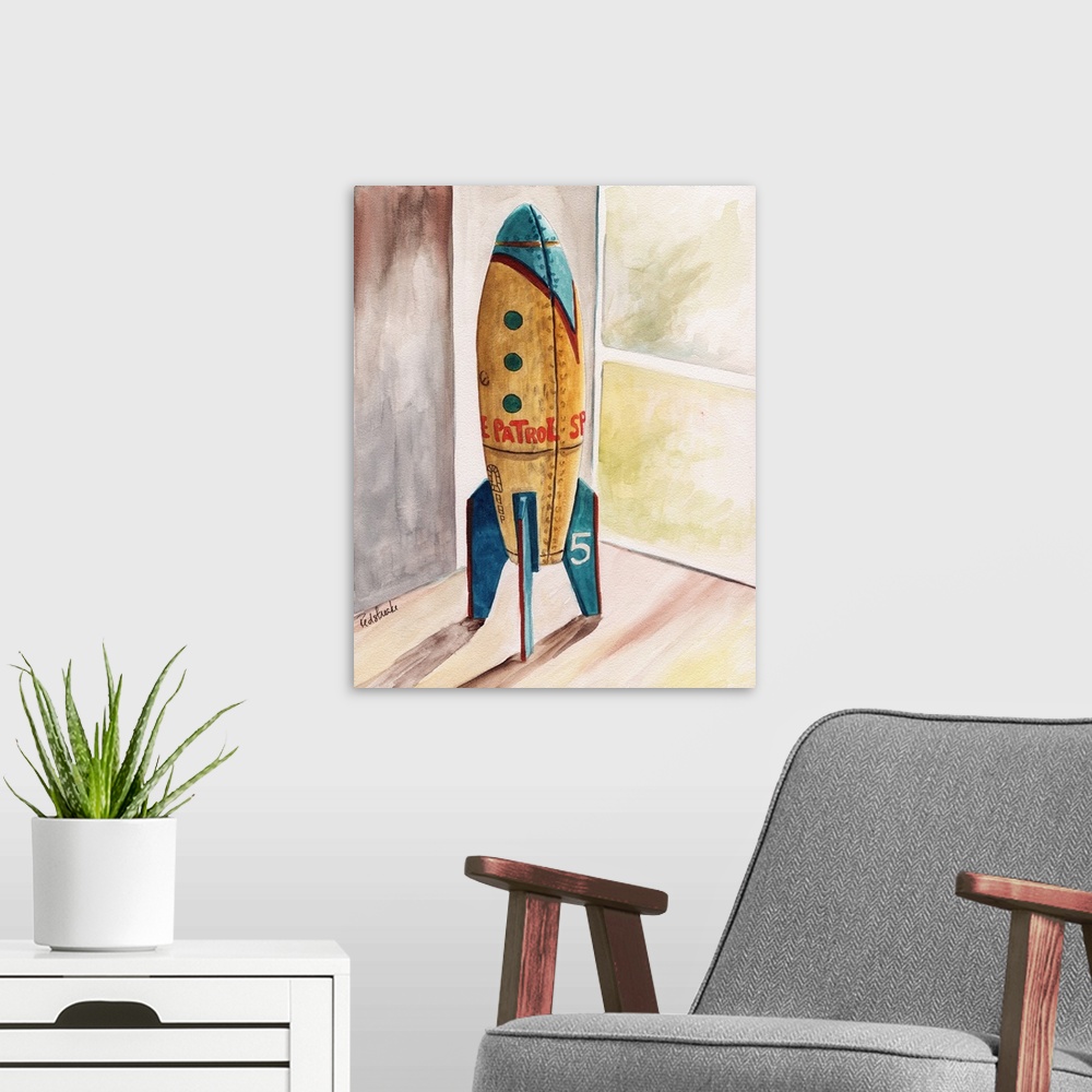 A modern room featuring A contemporary still-life painting of a standing space ship.