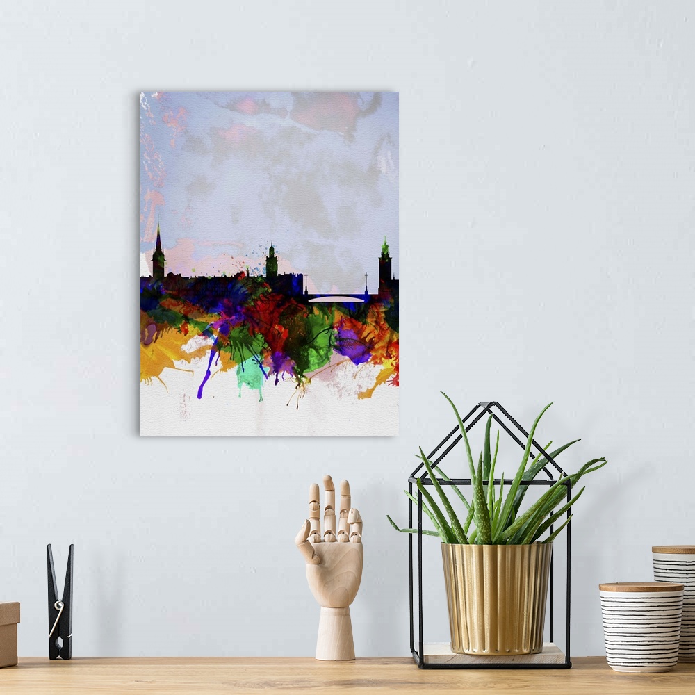 A bohemian room featuring Stockholm Watercolor Skyline
