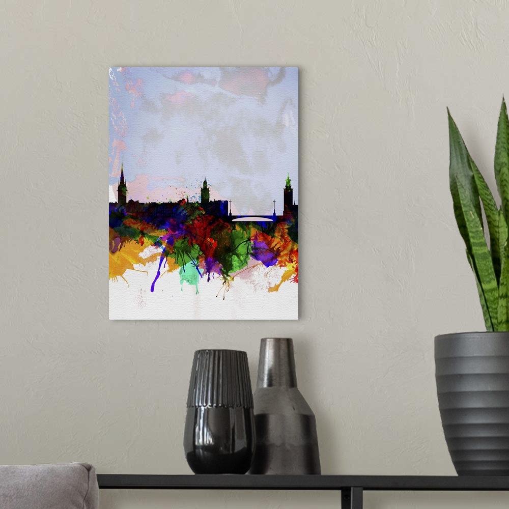 A modern room featuring Stockholm Watercolor Skyline