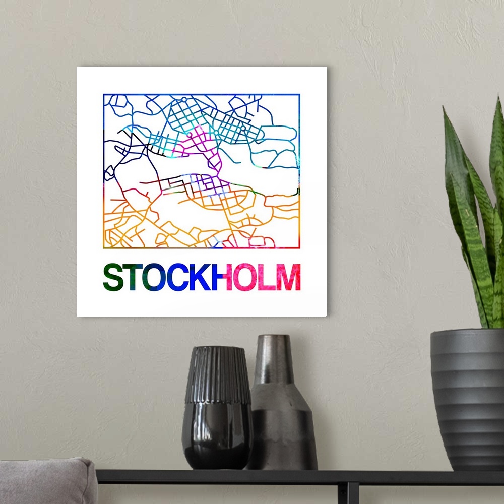 A modern room featuring Colorful map of the streets of Stockholm, Sweden.