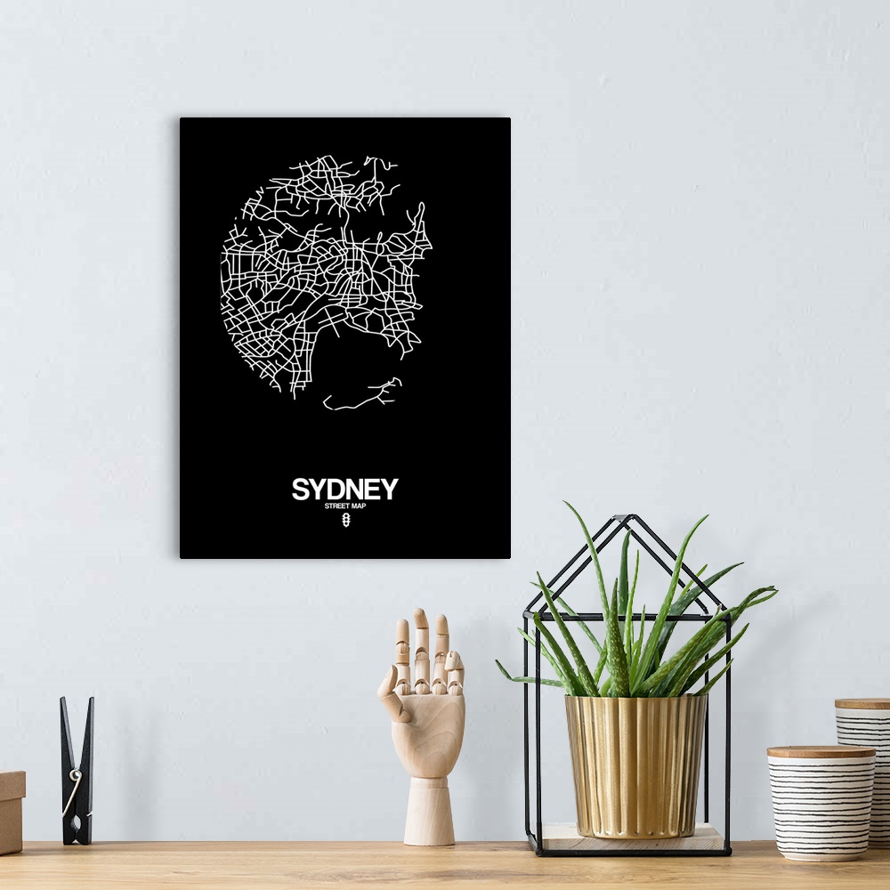 A bohemian room featuring Minimalist art map of the city streets of Sydney in black and white.