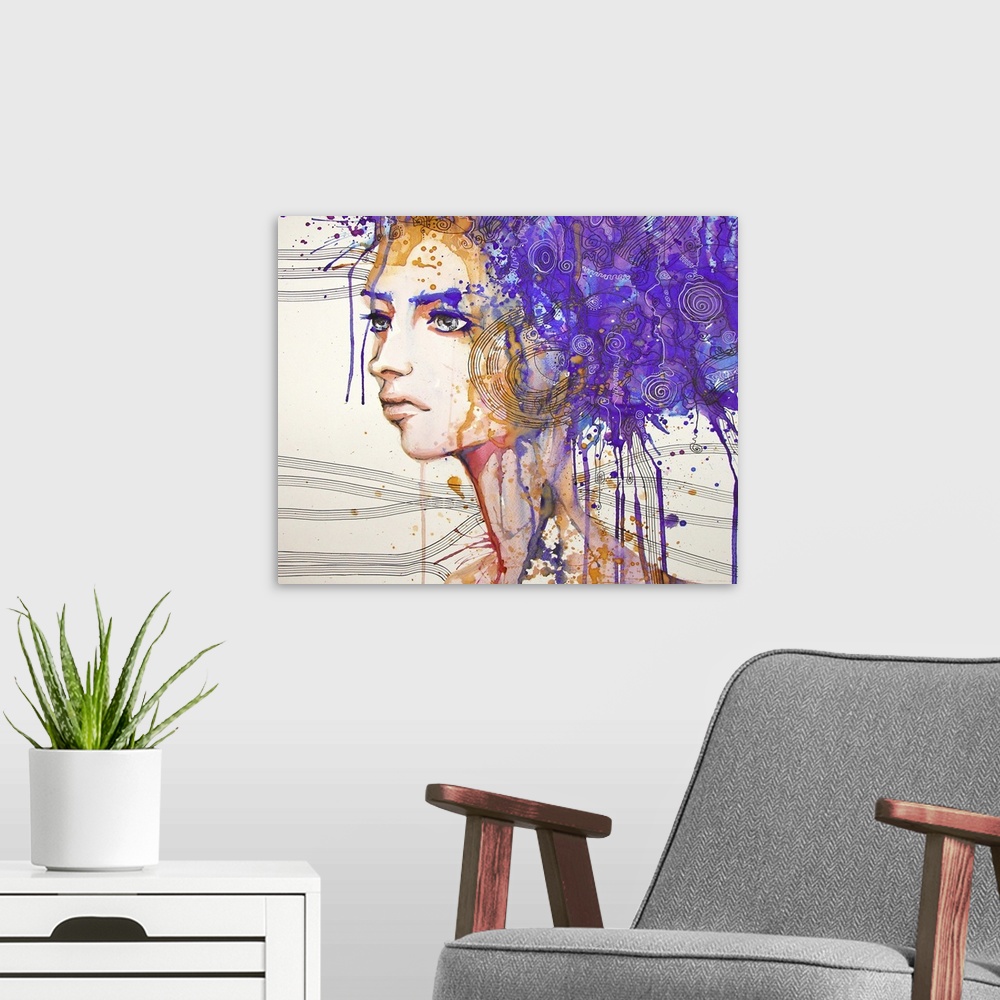 A modern room featuring Contemporary watercolor portrait of a woman with elaborate paint Splattered purple hair.