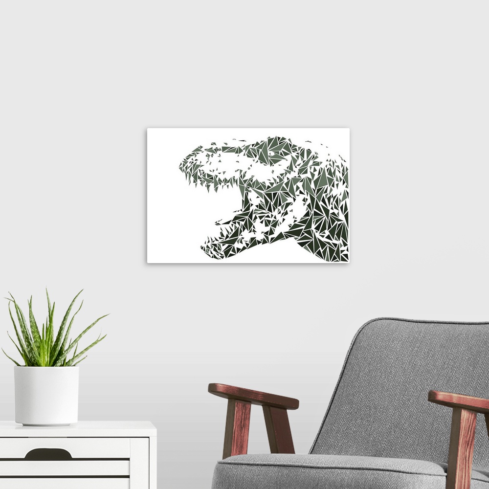 A modern room featuring A Tyrannosaurus Rex made up of triangular geometric shapes.