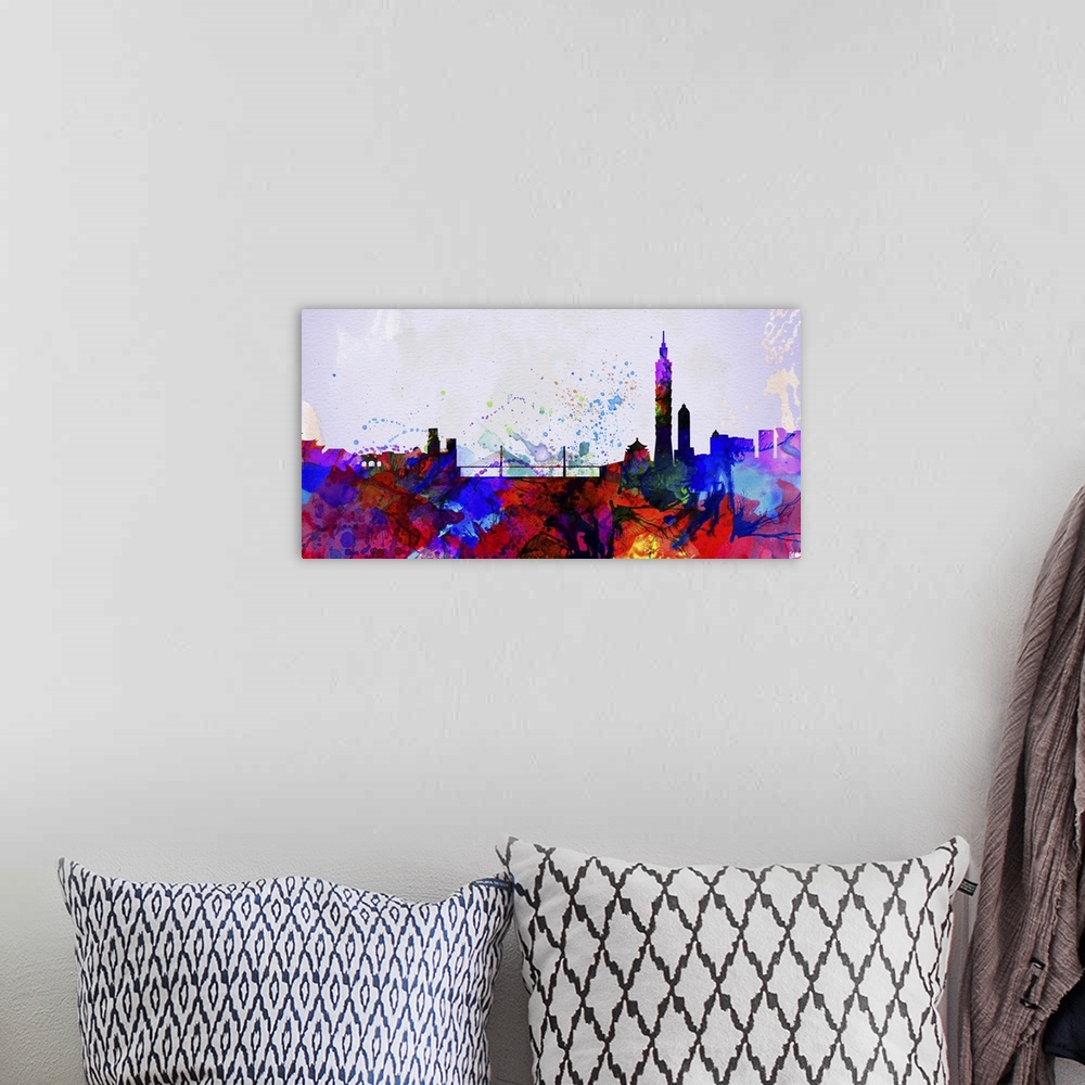 A bohemian room featuring Watercolor artwork of the silhouette of the Taipei city skyline.
