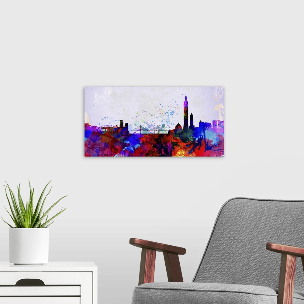 A modern room featuring Watercolor artwork of the silhouette of the Taipei city skyline.