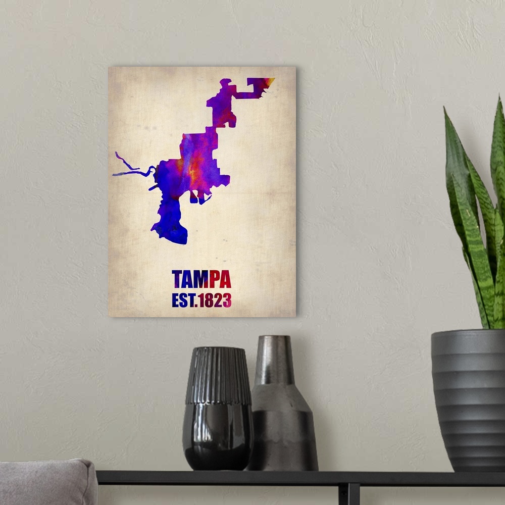 A modern room featuring Tampa Watercolor Map