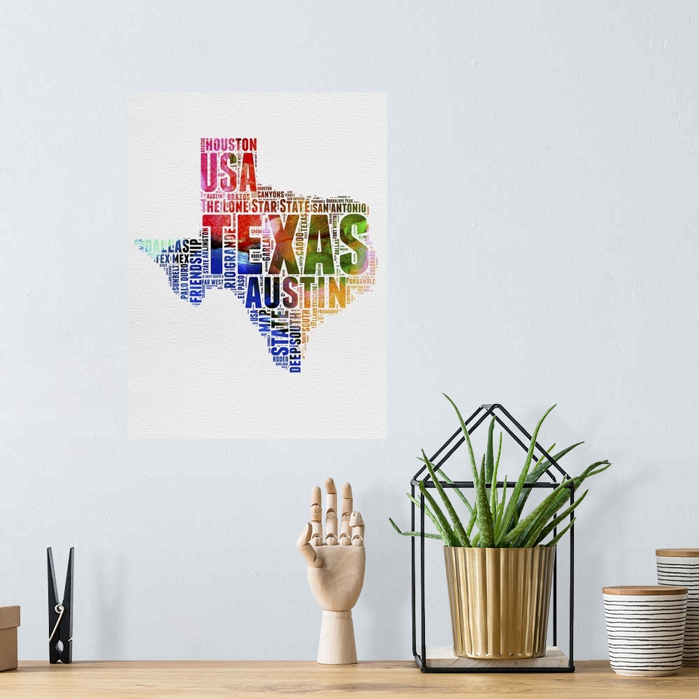 A bohemian room featuring Watercolor typography art map of the US state Texas.
