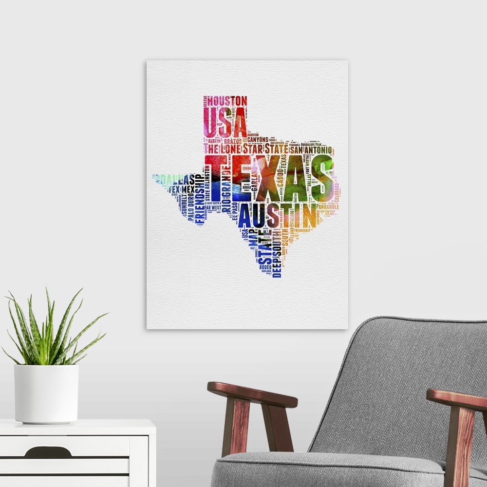 A modern room featuring Watercolor typography art map of the US state Texas.