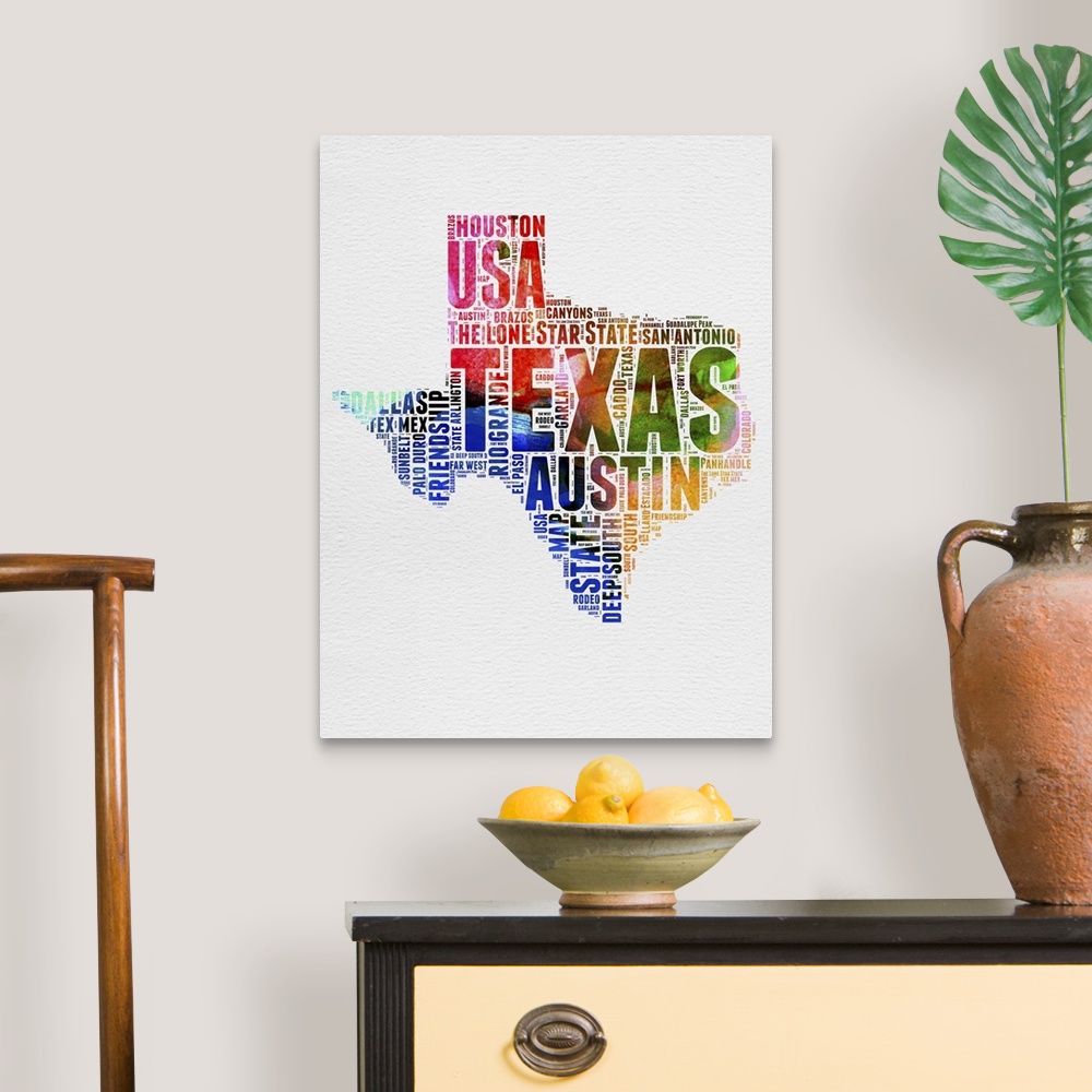 A traditional room featuring Watercolor typography art map of the US state Texas.