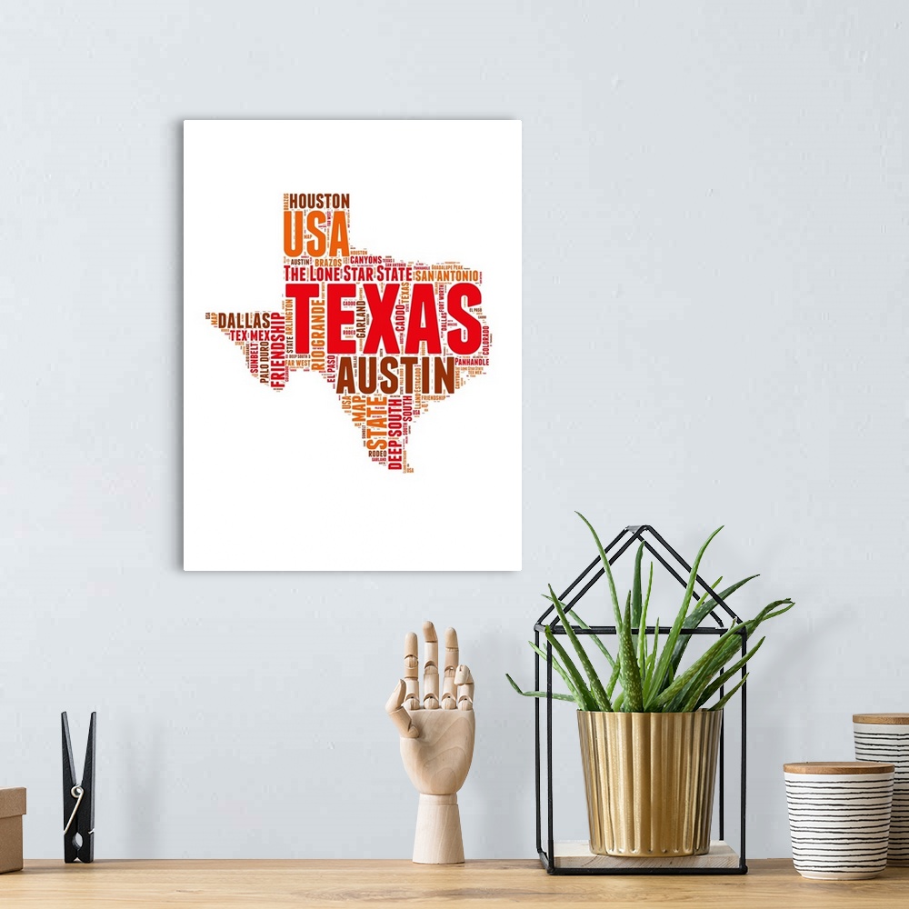 A bohemian room featuring Typography art map of the US state Texas.